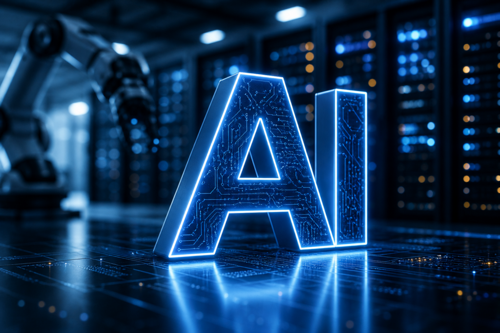 Imagem conceitual sobre inteligência artificial em ambiente de data center, representando o avanço da IA e os investimentos em tecnologia.