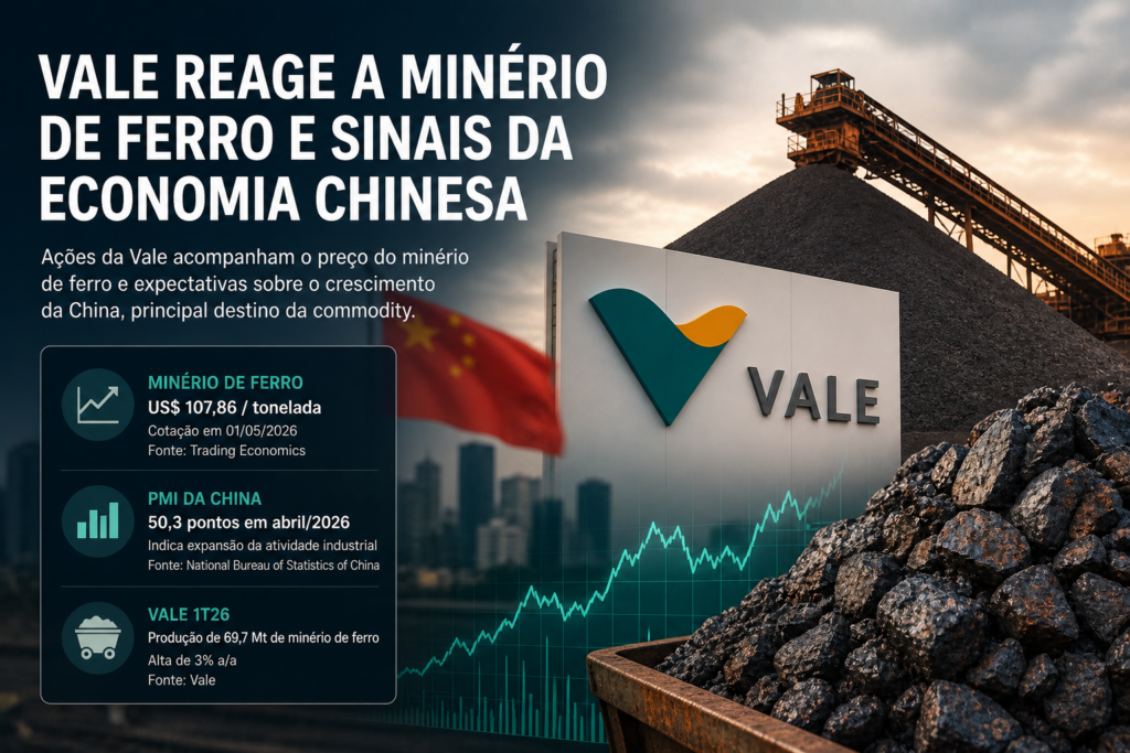 Imagem editorial sobre a Vale, com minério de ferro, cenário industrial, referência à China e gráfico financeiro, ilustrando a relação entre commodities, economia chinesa e ações da mineradora.