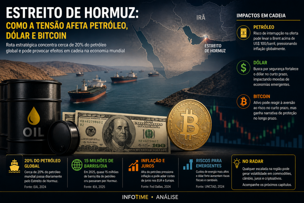 Imagem profissional sobre o Estreito de Hormuz, com navios petroleiros, mapa do Oriente Médio, barril de petróleo, dólar e Bitcoin, representando o impacto da tensão geopolítica sobre energia, câmbio e criptoativos.
