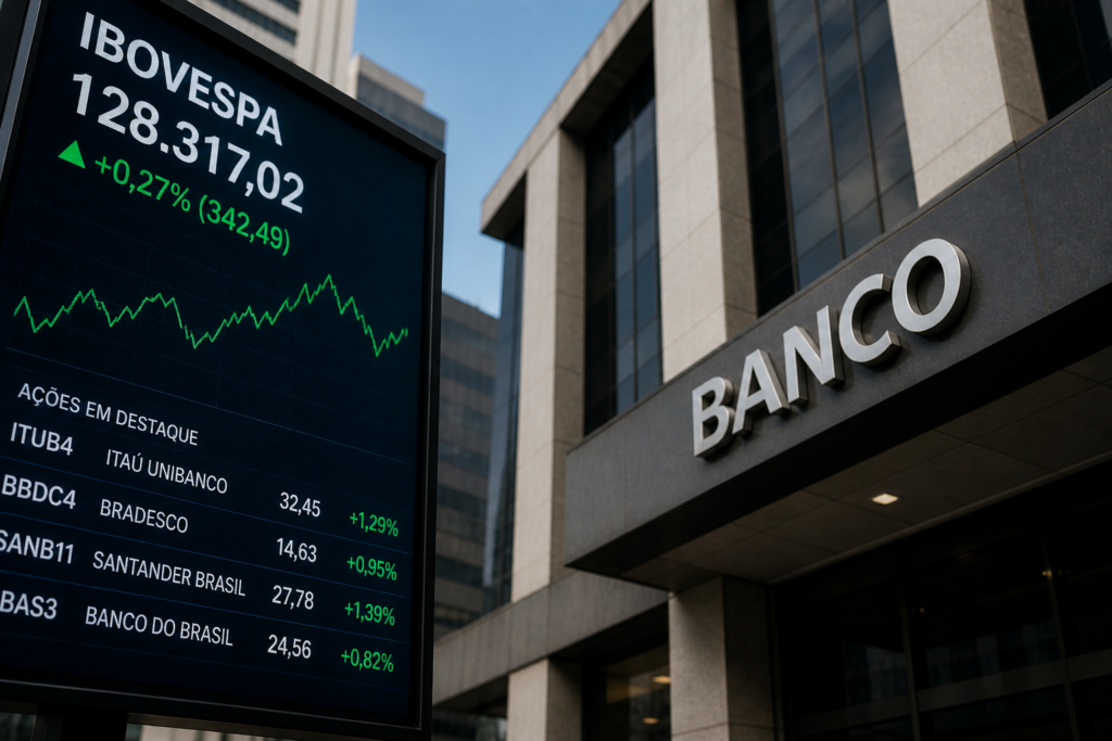 Imagem profissional de prédio bancário e painel financeiro com gráfico do Ibovespa, representando o impacto das ações de bancos na Bolsa brasileira.