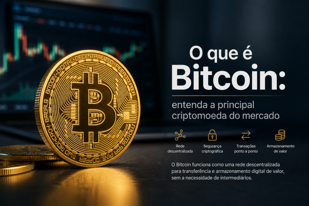 Imagem editorial profissional sobre Bitcoin, com moeda dourada em destaque, gráfico financeiro ao fundo e texto explicativo sobre a principal criptomoeda do mercado.