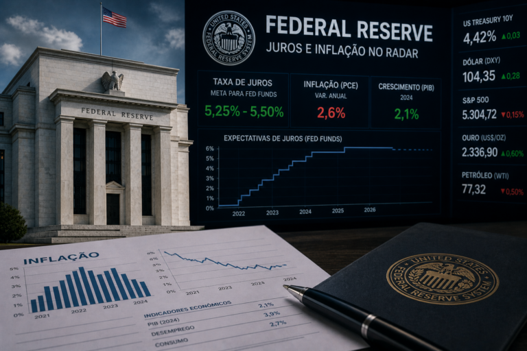 Imagem profissional do prédio do Federal Reserve com painel de indicadores econômicos, gráficos de inflação, juros e ativos globais, representando a atenção dos mercados à política monetária dos Estados Unidos.