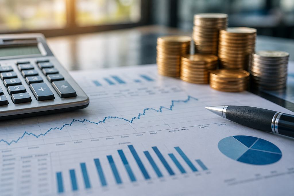 Imagem profissional com gráficos econômicos, calculadora, caneta e moedas sobre uma mesa, representando a análise de inflação, juros e indicadores da agenda econômica.