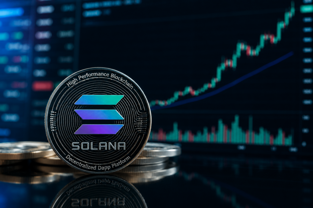 Imagem profissional de moeda Solana em primeiro plano com gráfico de mercado ao fundo, representando a valorização de altcoins e o maior apetite por criptoativos.