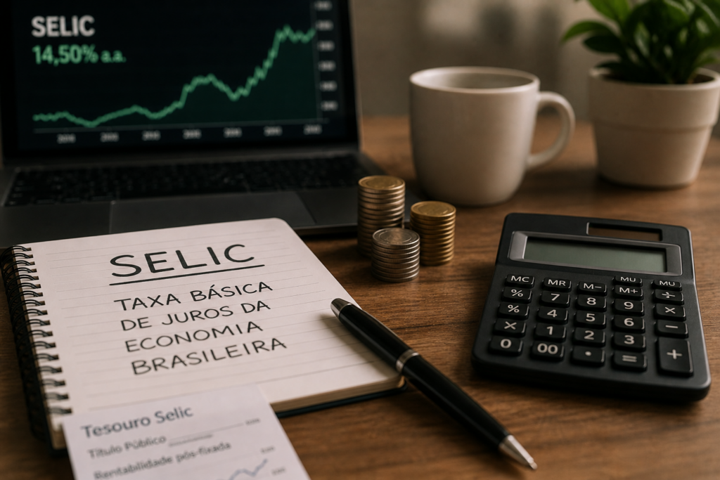 Imagem realista de mesa com notebook exibindo gráfico financeiro, moedas, calculadora e caderno com anotação sobre a Selic.