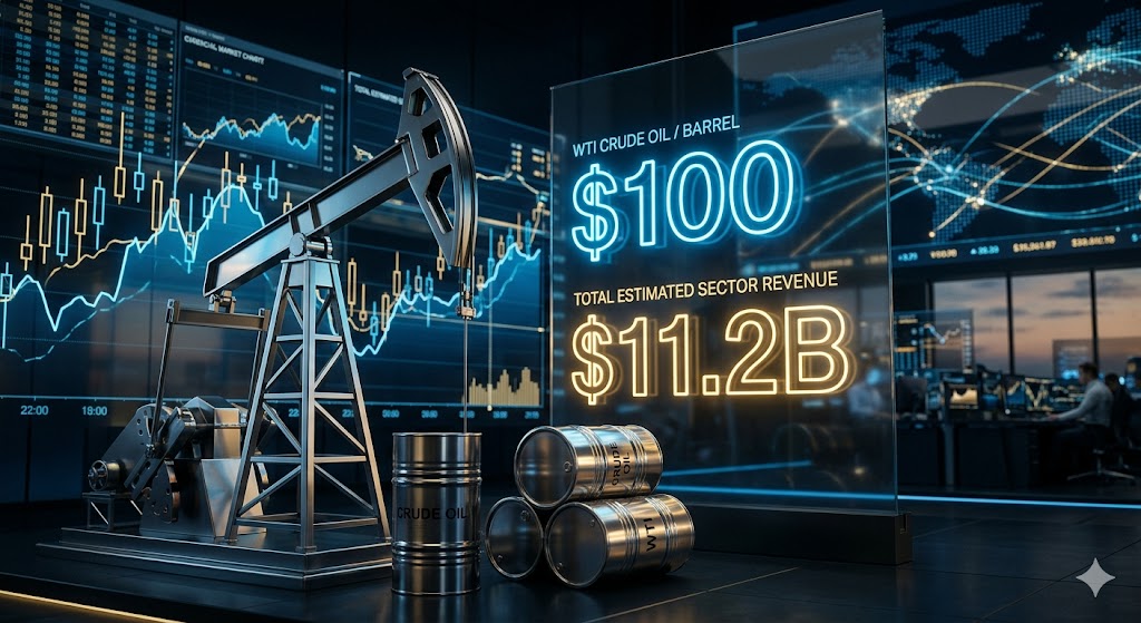 Representação gráfica de um ambiente financeiro moderno mostrando uma bomba de extração de petróleo, barris metálicos e um painel de vidro holográfico destacando os valores de 100 dólares e 11,2 bilhões de dólares, com gráficos de mercado ao fundo.