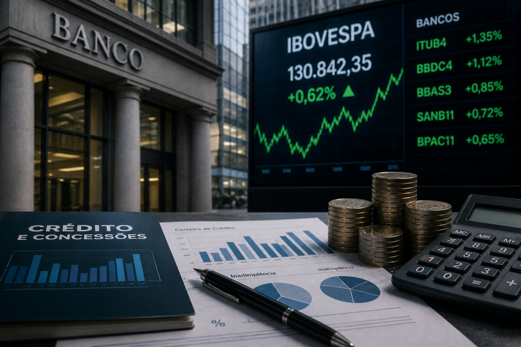 Imagem profissional de fachada bancária, painel do Ibovespa e documentos sobre crédito, representando o impacto dos bancos, juros e concessões de crédito na Bolsa brasileira.