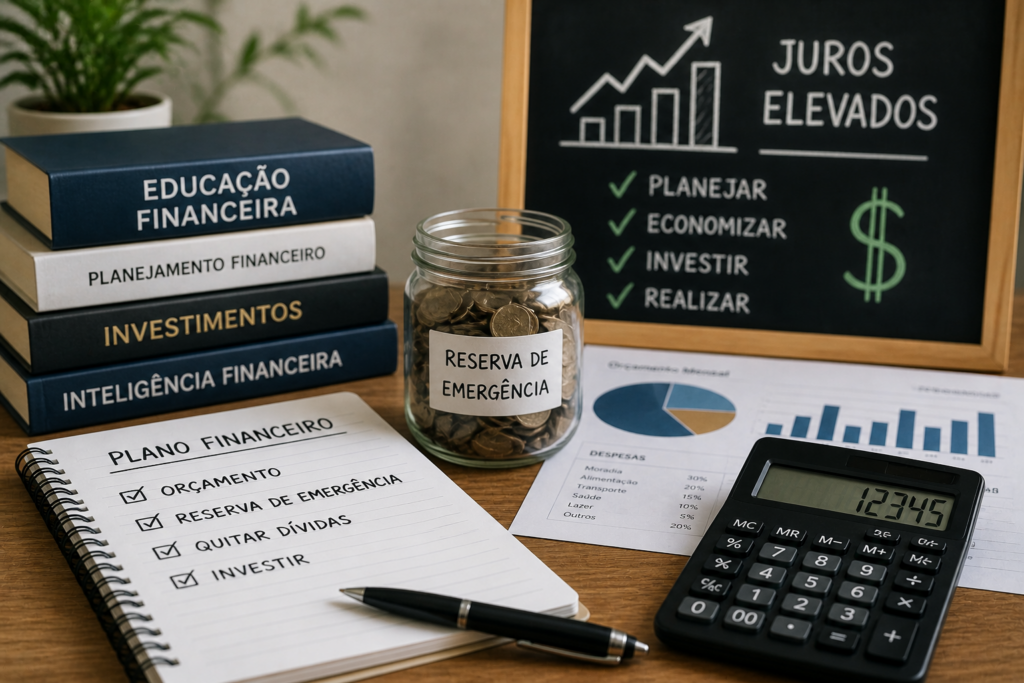 Imagem profissional com livros de educação financeira, calculadora, gráficos, plano financeiro e pote de reserva de emergência, representando planejamento em cenário de juros elevados.
