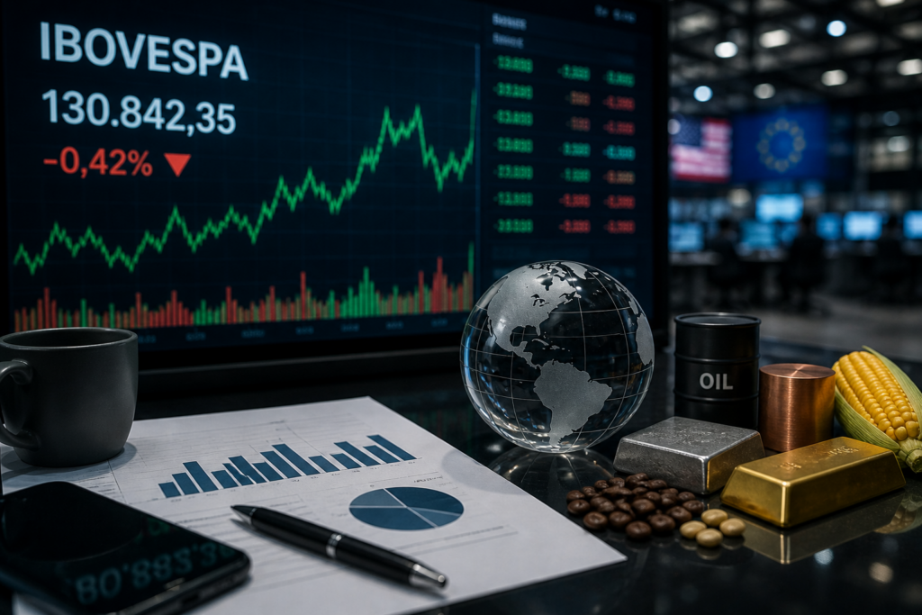 Imagem profissional de painel financeiro do Ibovespa em sala de operações, com gráficos de mercado e commodities como petróleo, ouro, metais e grãos, representando cautela dos investidores.