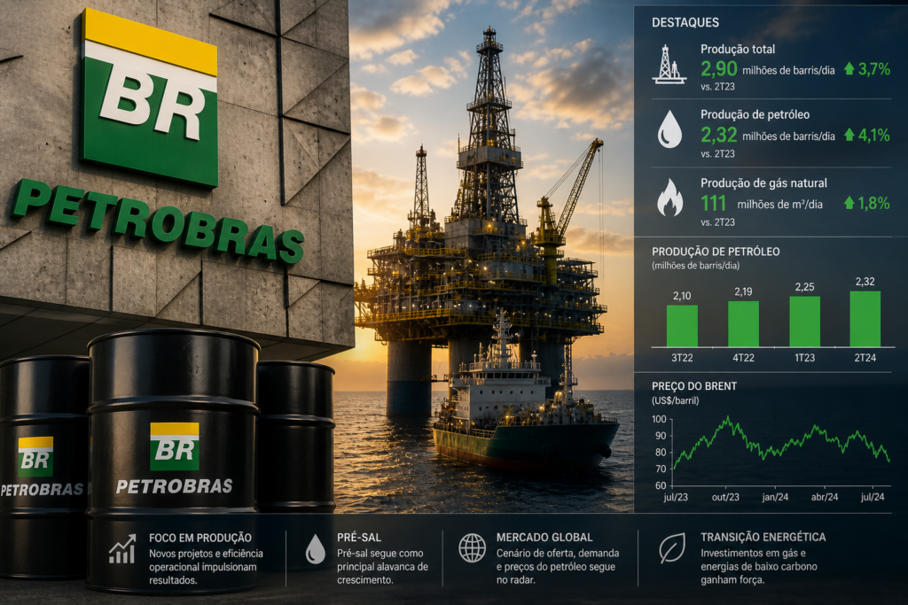 Imagem profissional de plataforma de petróleo offshore, barris de petróleo e elementos visuais da Petrobras, representando produção, petróleo e energia no mercado brasileiro.
