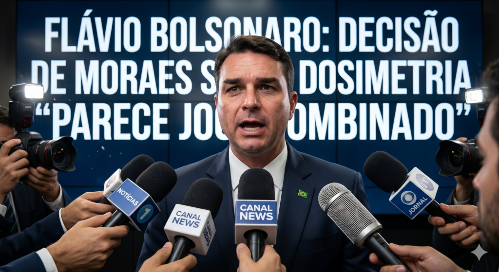 Senador Flávio Bolsonaro concedendo entrevista coletiva à imprensa. Ao fundo, painel com a frase "Decisão de Moraes sobre dosimetria parece jogo combinado".