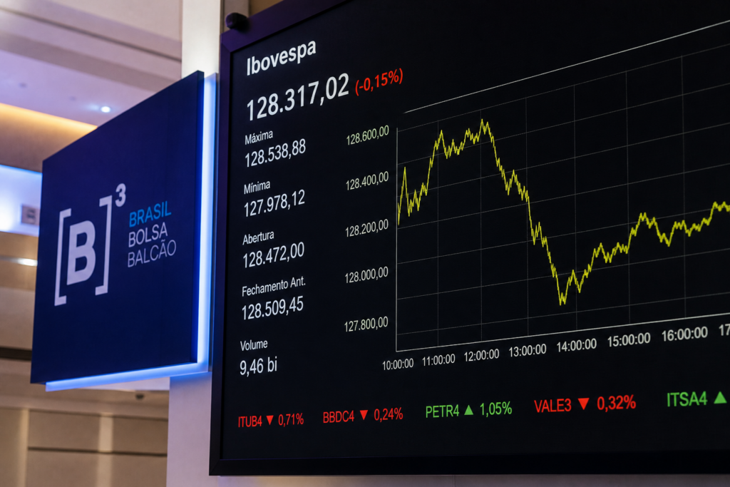 Imagem profissional de painel financeiro exibindo o Ibovespa, com gráfico de oscilação e ações de bancos, Petrobras e Vale em destaque, representando a volatilidade do mercado brasileiro.