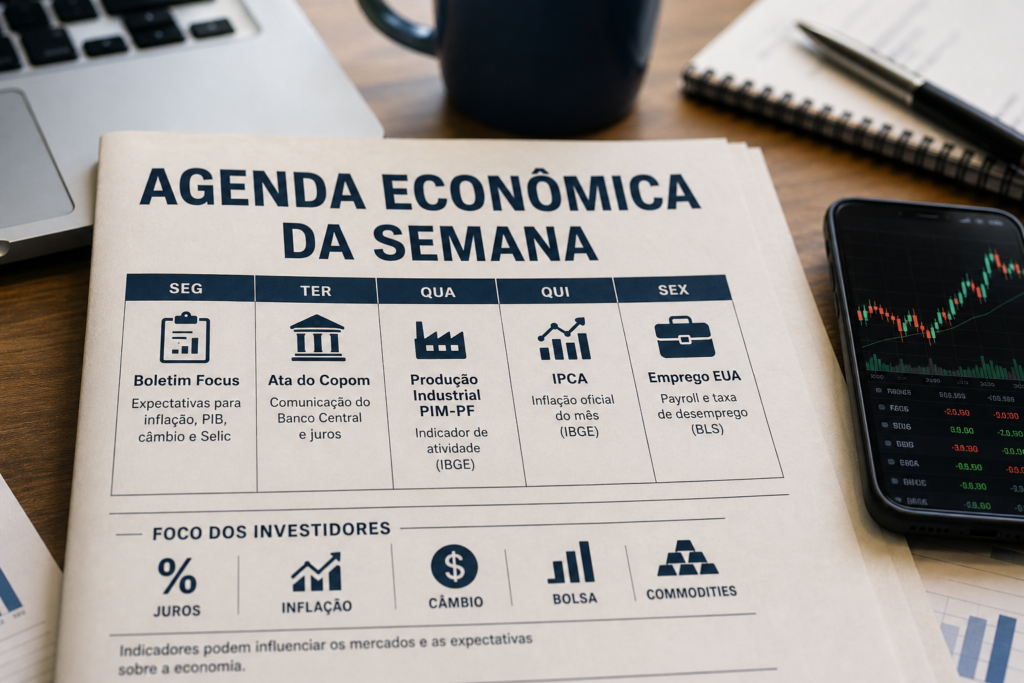 Imagem profissional de uma mesa de trabalho com agenda econômica da semana, gráficos de mercado e indicadores como inflação, juros, câmbio, Bolsa e atividade econômica.