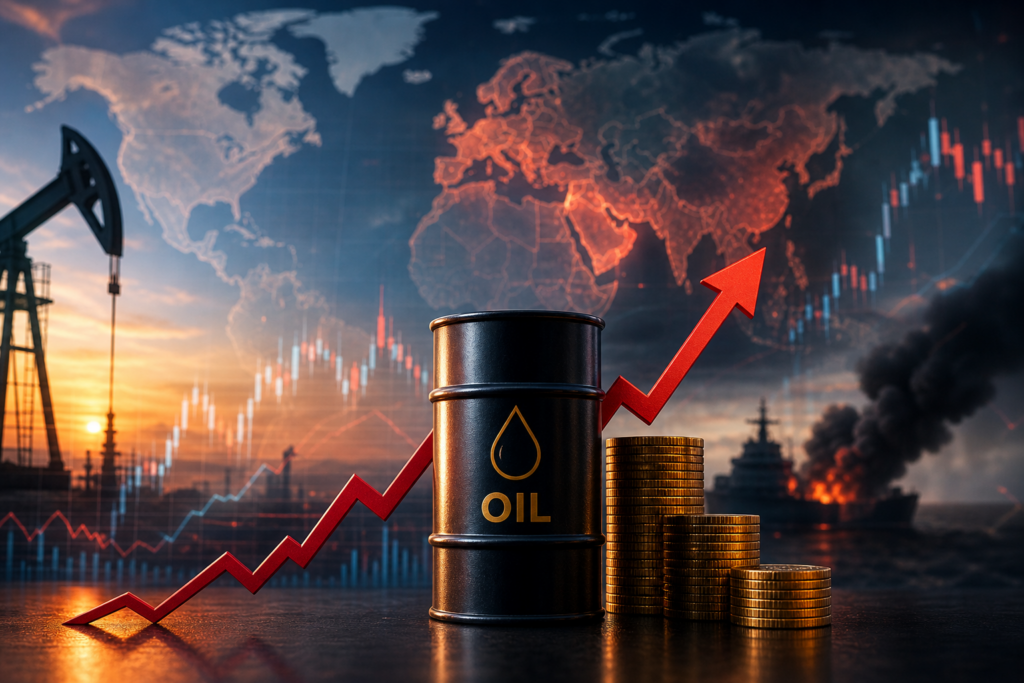 Imagem profissional de barris de petróleo, gráficos financeiros e tensão geopolítica, representando o impacto da alta do petróleo sobre inflação, juros e mercados globais.