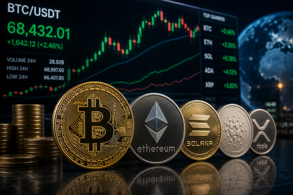 Imagem profissional de moedas de Bitcoin e altcoins em primeiro plano, com gráfico de negociação cripto ao fundo, representando o apetite por risco global no mercado de ativos digitais.
