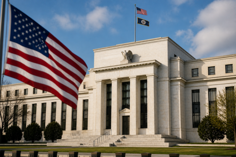 Foto editorial do prédio do Federal Reserve com bandeira dos Estados Unidos em primeiro plano, representando a política monetária norte-americana e seu impacto nos mercados globais.