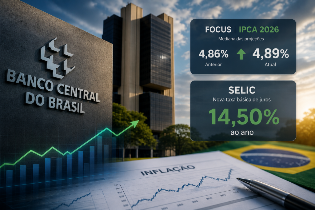 Imagem profissional do Banco Central do Brasil com indicadores de inflação, IPCA 2026 e taxa Selic, representando a política monetária brasileira.