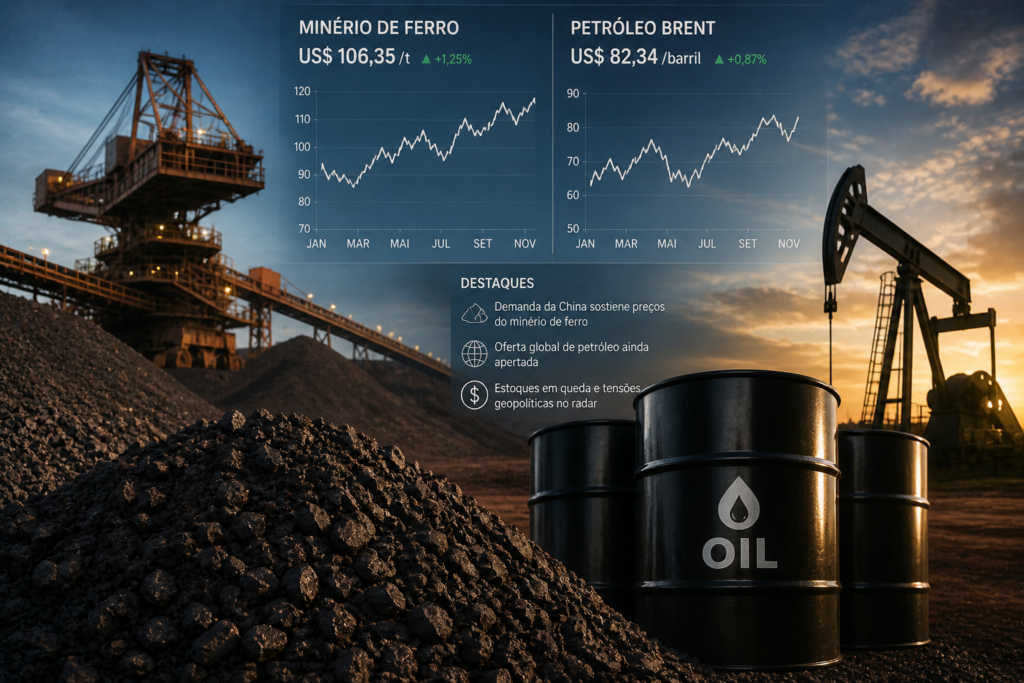 Imagem profissional de área industrial com minério de ferro, barris de petróleo e equipamentos de extração, representando o impacto das commodities no mercado financeiro.